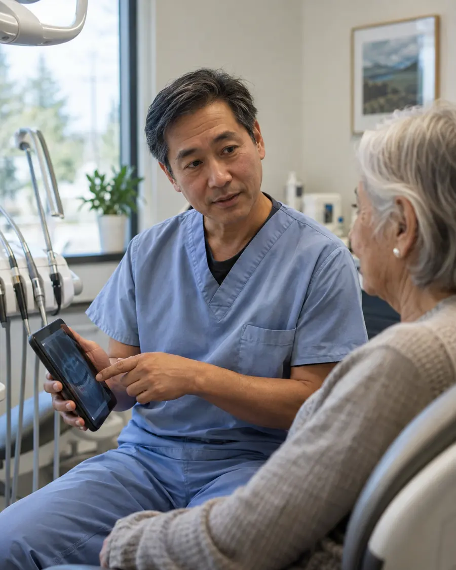 Dentist speaking with a patient in a dental practice