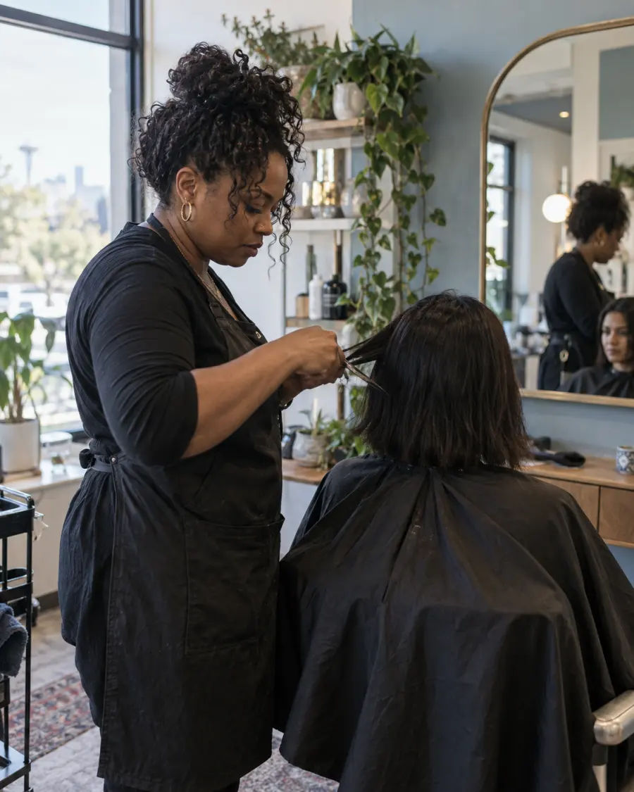 Stylist concentrating on a client's haircut in a neighborhood salon