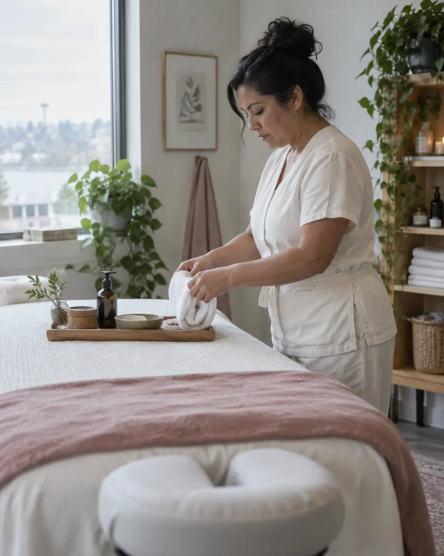 Wellness practitioner preparing a treatment room