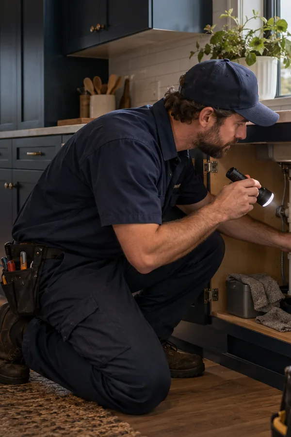 Technician inspecting kitchen plumbing