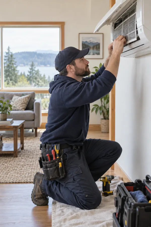 Technician servicing a home heat pump