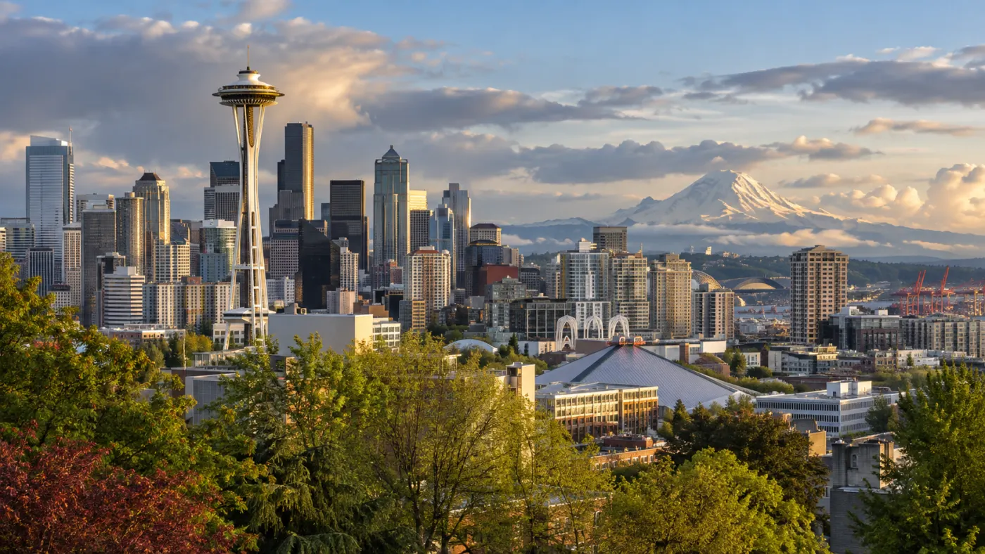 Seattle skyline with the Space Needle and Mount Rainier